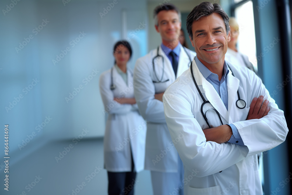 medical staff, a man doctor smiles, doctors stand behind her, a team of doctors in the hospital