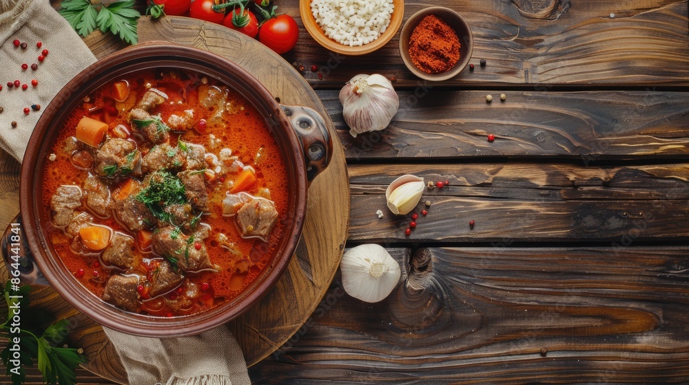 Russian meat soup Solyanka on wooden table from above Russian meat soup Solyanka on wooden table from above