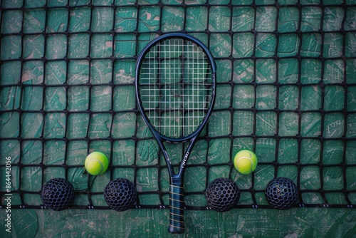 Tennis Racket and Balls on a Green Court With Net Shadow