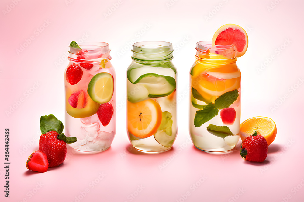 colorful mason jar drinks on a wooden table, surrounded by fresh fruits. The vibrant beverages feature slices of lemon, cucumber, and strawberries, highlighting their refreshing nature. colorful mason jar drinks on a wooden table, surrounded by fresh fruits. The vibrant beverages feature slices of lemon, cucumber, and strawberries, highlighting their refreshing nature.