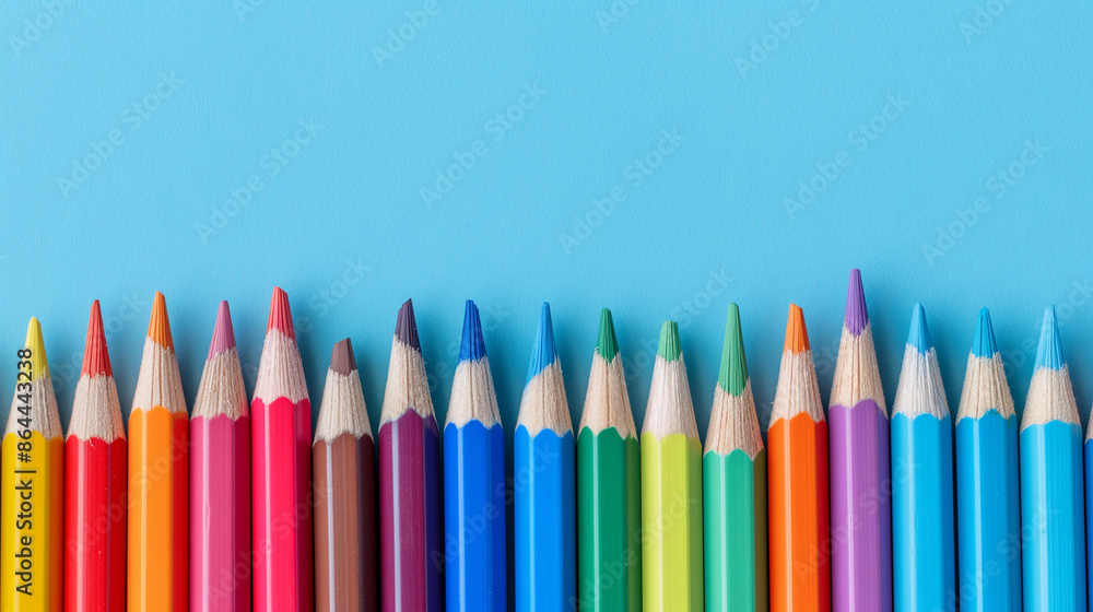 Row of multi-colored pencils on a pink, blue, red and yellow backgrounds Row of multi-colored pencils on a pink, blue, red and yellow backgrounds