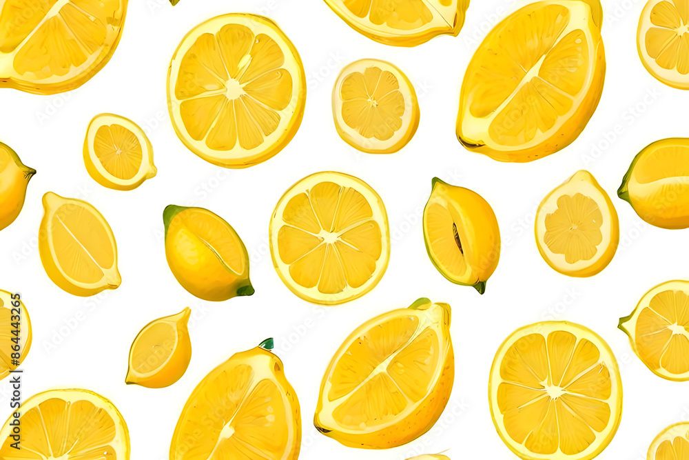 A seamless pattern of lemons, oranges, and mint leaves on a green background. The fruits and leaves are scattered randomly across the background. This image could be used for wallpapers. A seamless pattern of lemons, oranges, and mint leaves on a green background. The fruits and leaves are scattered randomly across the background. This image could be used for wallpapers.