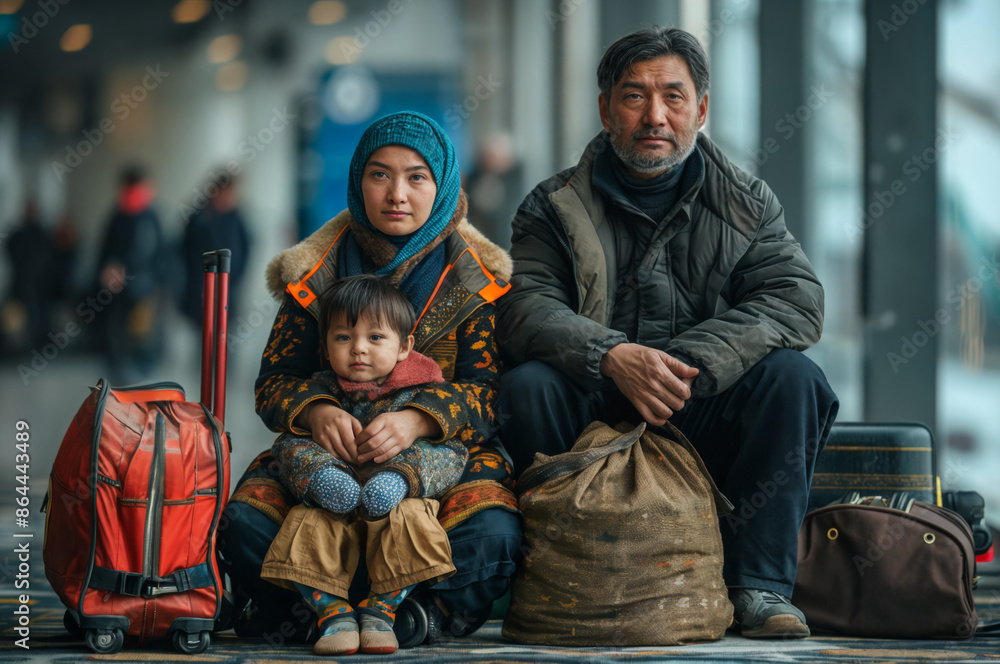 A Central Asian refugee family of three sits at a train station or airport with their luggage A Central Asian refugee family of three sits at a train station or airport with their luggage