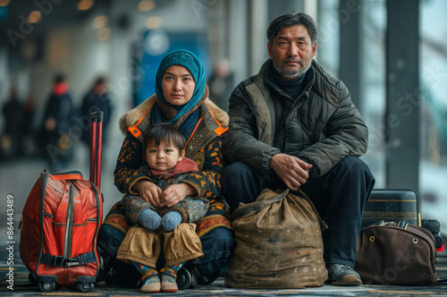 A Central Asian refugee family of three sits at a train station or airport with their luggage