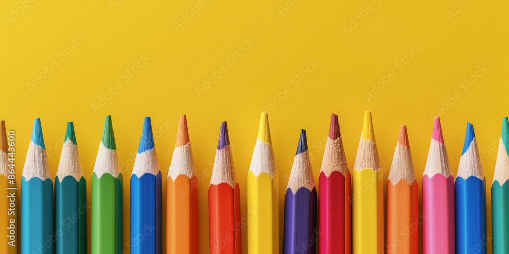 Row of multi-colored pencils on a pink, blue, red and yellow backgrounds Row of multi-colored pencils on a pink, blue, red and yellow backgrounds