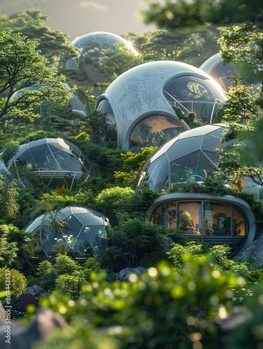 Eco Domes, futuristic city domes, housing, flourishing plant life, sustaining human life, on a barren planet, 3D render, soft backlighting, depth of field bokeh effect