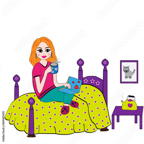 Mujer sentada en la cama leyendo un libro y tomándose un té.