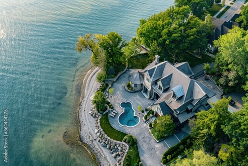 Aerial view of a luxury home with a large driveway and garage, on the shore of Lake Erie  In the front yard is an outdoor pool area with a hot tub, overlooking the water, trees and green Generative AI