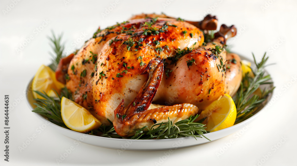 roasted chicken with herbs and lemon wedges on a white background roasted chicken with herbs and lemon wedges on a white background