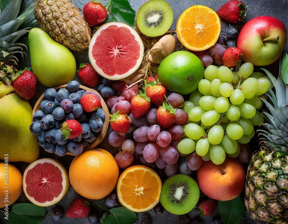 Top-Down View of Vibrant Fresh Fruits on a table Top-Down View of Vibrant Fresh Fruits on a table