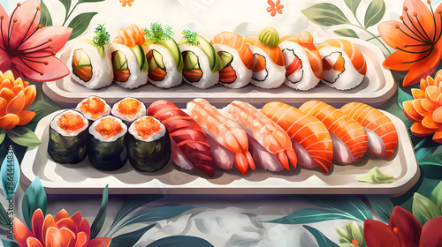 Wallpaper Mural Illustration of various toppings of sushi on a white plate with flowers next to it. Torontodigital.ca