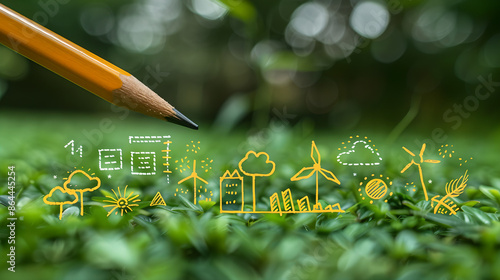 Fotografie Hand-painted green energy symbols on lush grass convey sustainable business practices, green tech innovations, and eco-friendly workspaces