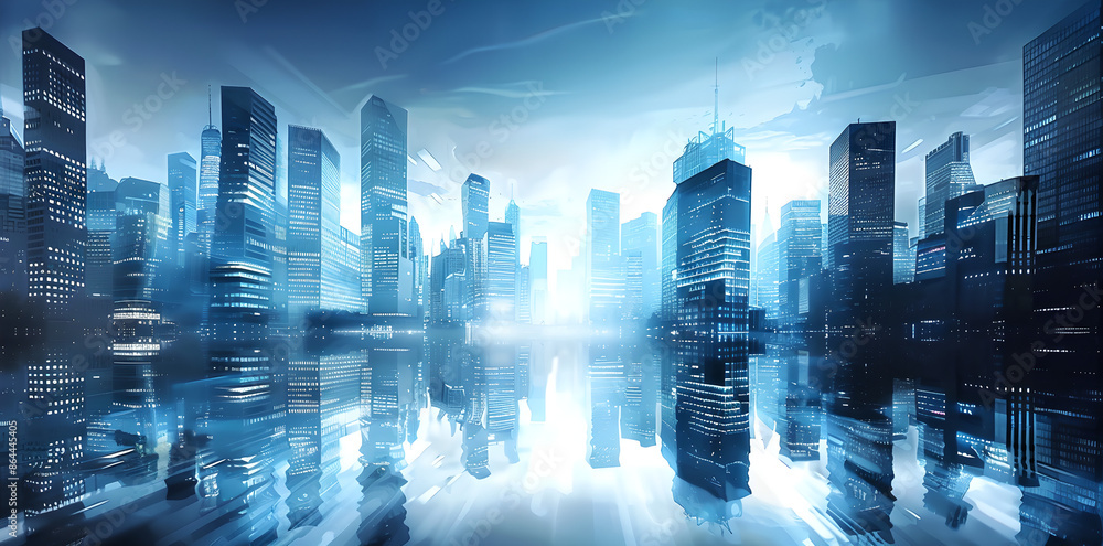 Sleek and modern cityscape with towering skyscrapers and glass buildings reflecting the blue sky Sleek and modern cityscape with towering skyscrapers and glass buildings reflecting the blue sky