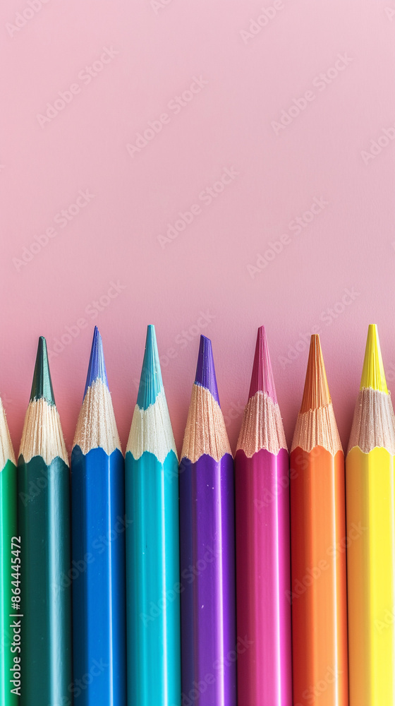 Row of multi-colored pencils on a pink, blue, red and yellow backgrounds Row of multi-colored pencils on a pink, blue, red and yellow backgrounds
