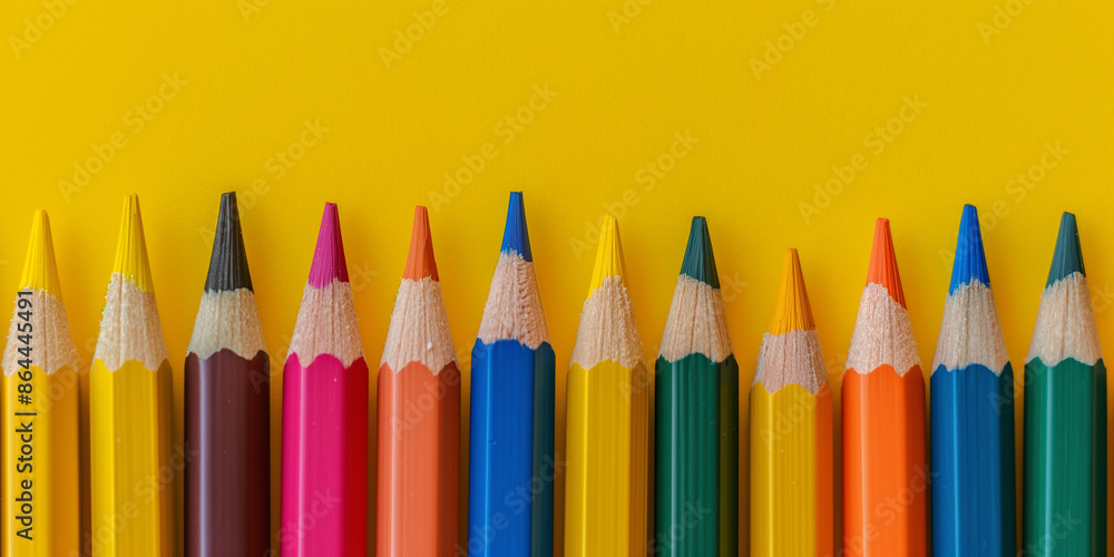 Row of multi-colored pencils on a pink, blue, red and yellow backgrounds Row of multi-colored pencils on a pink, blue, red and yellow backgrounds