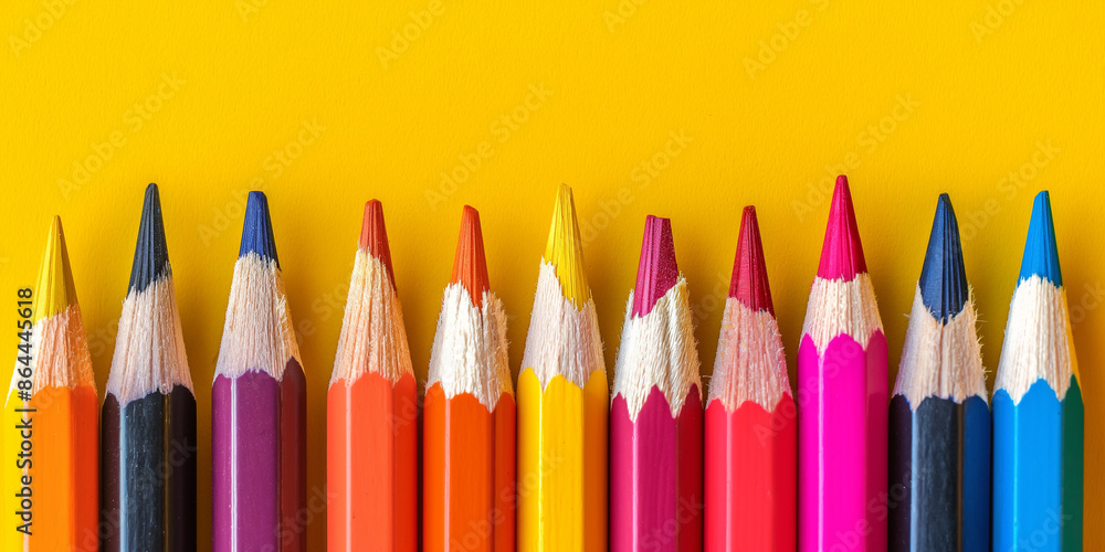 Row of multi-colored pencils on a pink, blue, red and yellow backgrounds Row of multi-colored pencils on a pink, blue, red and yellow backgrounds