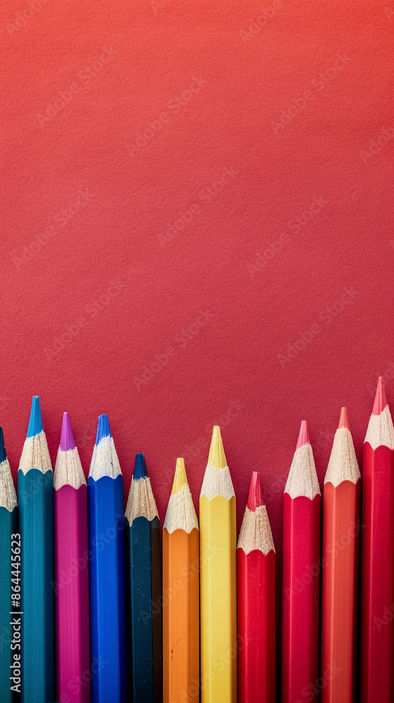 Row of multi-colored pencils on a pink, blue, red and yellow backgrounds Row of multi-colored pencils on a pink, blue, red and yellow backgrounds