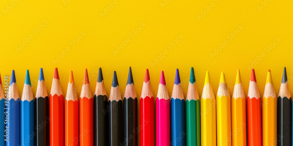 Row of multi-colored pencils on a pink, blue, red and yellow backgrounds Row of multi-colored pencils on a pink, blue, red and yellow backgrounds