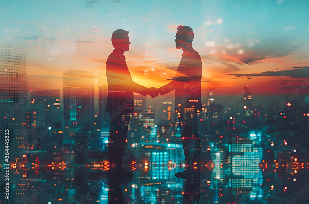 Double exposure of two businessmen shaking hands with a cityscape Double exposure of two businessmen shaking hands with a cityscape