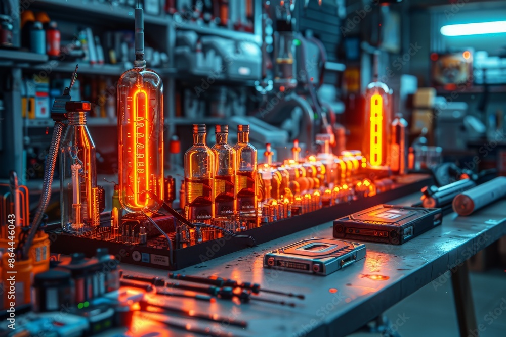 Intricate high-tech laboratory setup with glowing neon scientific equipment and futuristic devices in a modern research environmentlaboratory Intricate high-tech laboratory setup with glowing neon scientific equipment and futuristic devices in a modern research environmentlaboratory