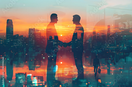 Double exposure of two businessmen shaking hands with a cityscape