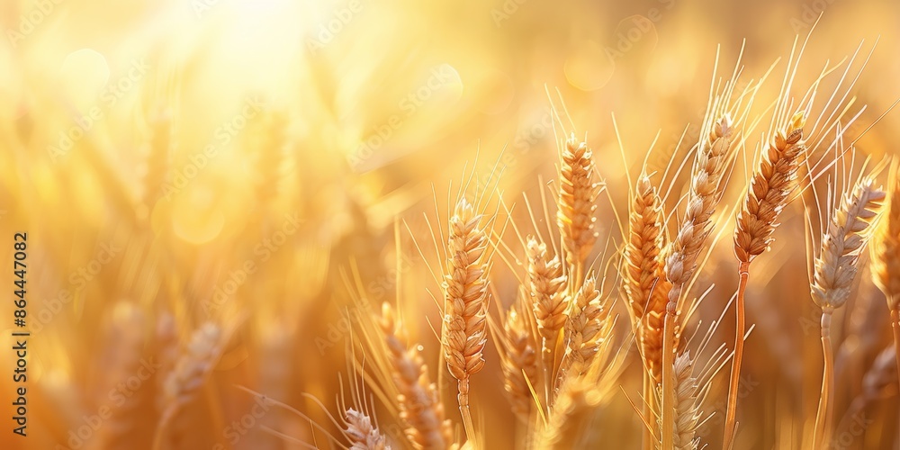 Naklejka premium Golden ripe wheat ears in summer field at twilight, close-up macro. Extremely wide.