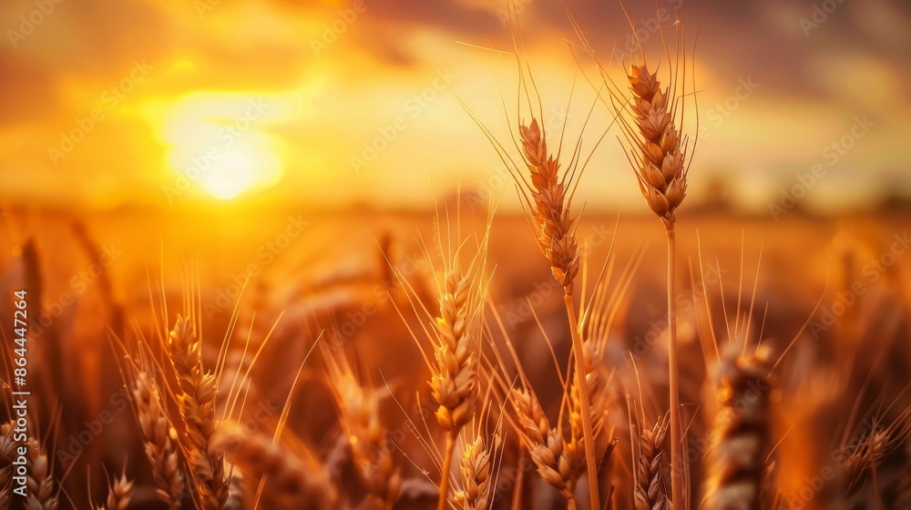 Golden wheat field at sunset, close-up view. Agricultural and nature concept Golden wheat field at sunset, close-up view. Agricultural and nature concept