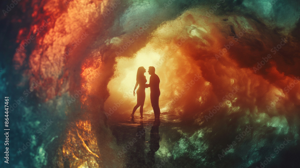 Silhouetted couple in a colorful, mystical, ethereal environment. Meeting entities in the astral realm. Silhouetted couple in a colorful, mystical, ethereal environment. Meeting entities in the astral realm.