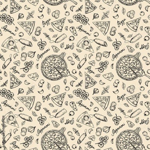 Hand illustrated seamless pattern with pepperoni pizza slices, round on a tray, tomatoes, salami, basil and garlic.Handwritten words 