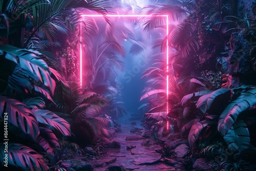 Futuristic Enchanted Jungle Pathway with Neon Pink Frame and Lush Green Foliage in a Mystical Dreamlike Landscape at NightNeon © Piya