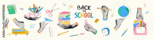 Trendy back to school collage elements set. Halftone hands holding school supplies and stationery. Backpack and pencil case, stack of books, writing tools, yellow bus. Modern retro vector illustration