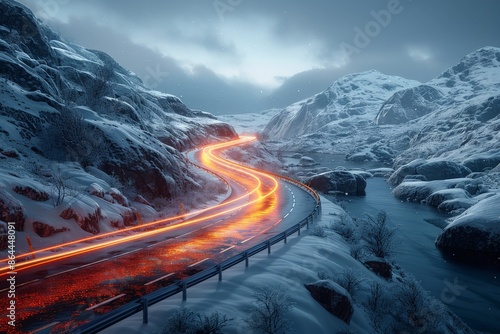 Serpentine Road Illuminated by Vehicle Light Trails Winding Through Snow-Covered Mountain Landscape During Dusk with Dramatic Skywinding road photo