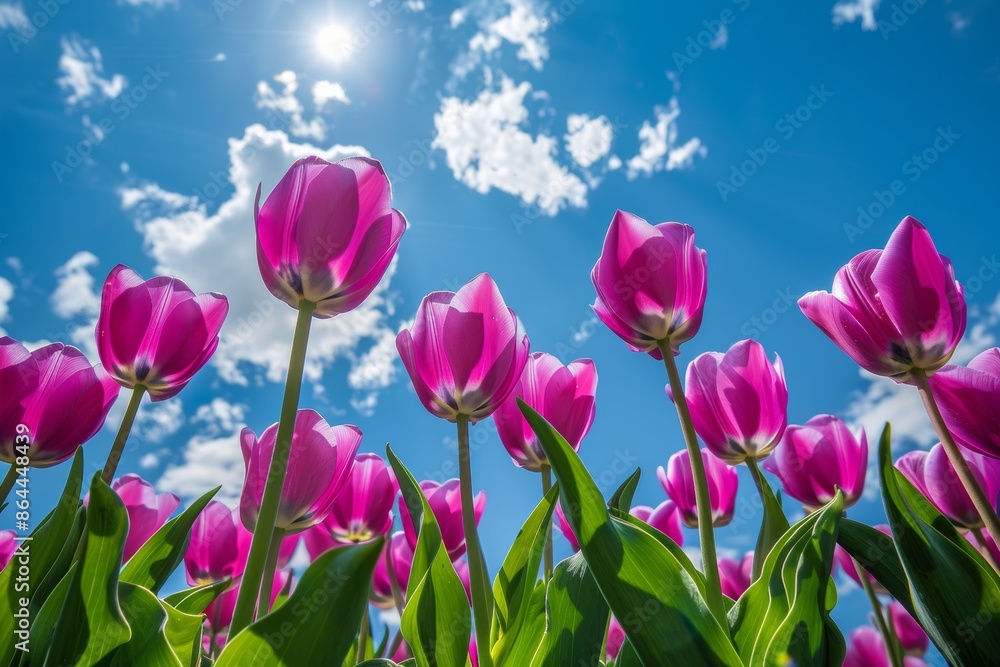 Obraz premium Blue sky and beautiful tulips