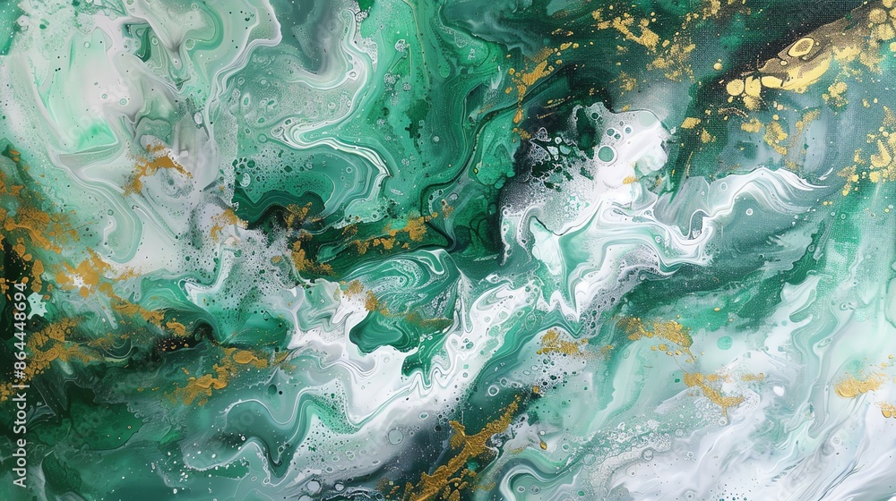 Fototapeta premium Emerald Green and Gold Abstract Fluid Art Painting, Luxury Alcohol Ink Background