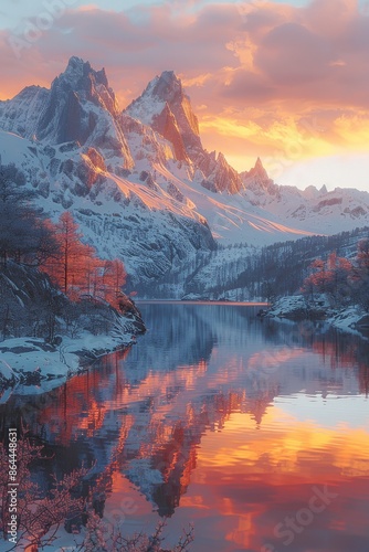 Sunset Over Majestic Snow-Capped Mountain Peaks Reflecting in Pristine Lake with Vibrant Sky and Forest LandscapeSunset photo