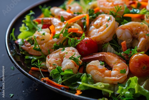 On the black plate, mix a salad of fresh vegetables and shrimp.