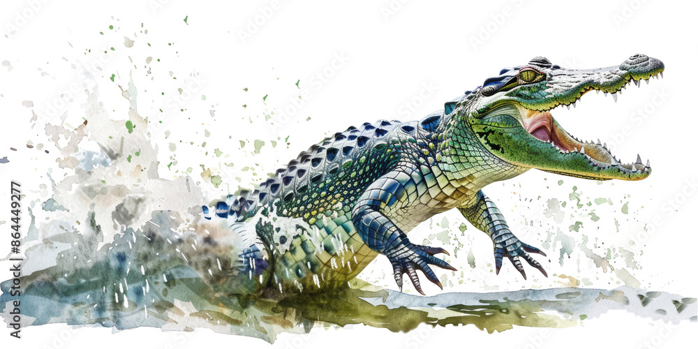 watercolor drawing of a crocodile breaking out of turf water isolated on white or transparent png watercolor drawing of a crocodile breaking out of turf water isolated on white or transparent png
