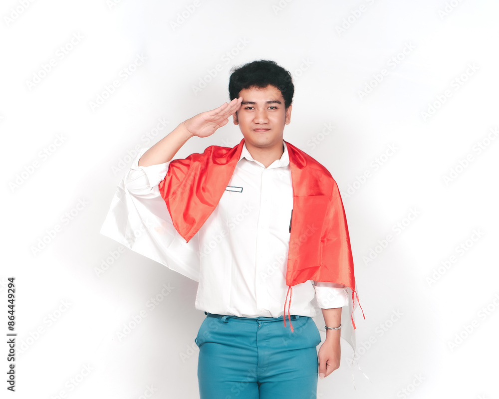 Happy smiling Indonesian high school students in gray and white uniforms holding Indonesian flags and showing signs of love to celebrate Indonesian Independence Day. isolated on white background. Happy smiling Indonesian high school students in gray and white uniforms holding Indonesian flags and showing signs of love to celebrate Indonesian Independence Day. isolated on white background.