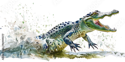 watercolor drawing of a crocodile breaking out of turf water isolated on white or transparent png