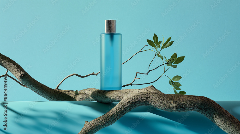 Obraz premium Commercial photography, slender product bottle, underneath the product is a very thick branch of an ancient tree with a leaf on it, background is light blue to dark blue gradient