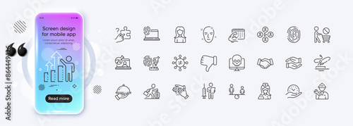 Boat fishing, Video conference and Vaccination announcement line icons for web app. Phone mockup gradient screen. Pack of Woman, Health skin, Online chemistry pictogram icons. Vector