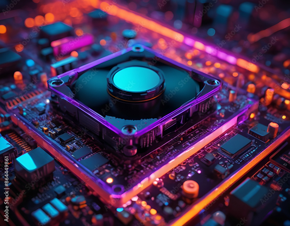 Fototapeta premium A central electronic processor on a glowing circuit board with vibrant neon lights