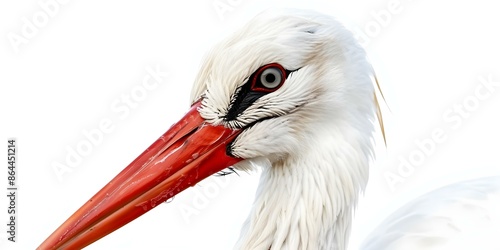 Closeup of beautiful white stork with long beak isolated on white. Concept Closeup Photography, Wildlife Portraits, Bird Watching, Nature in Focus