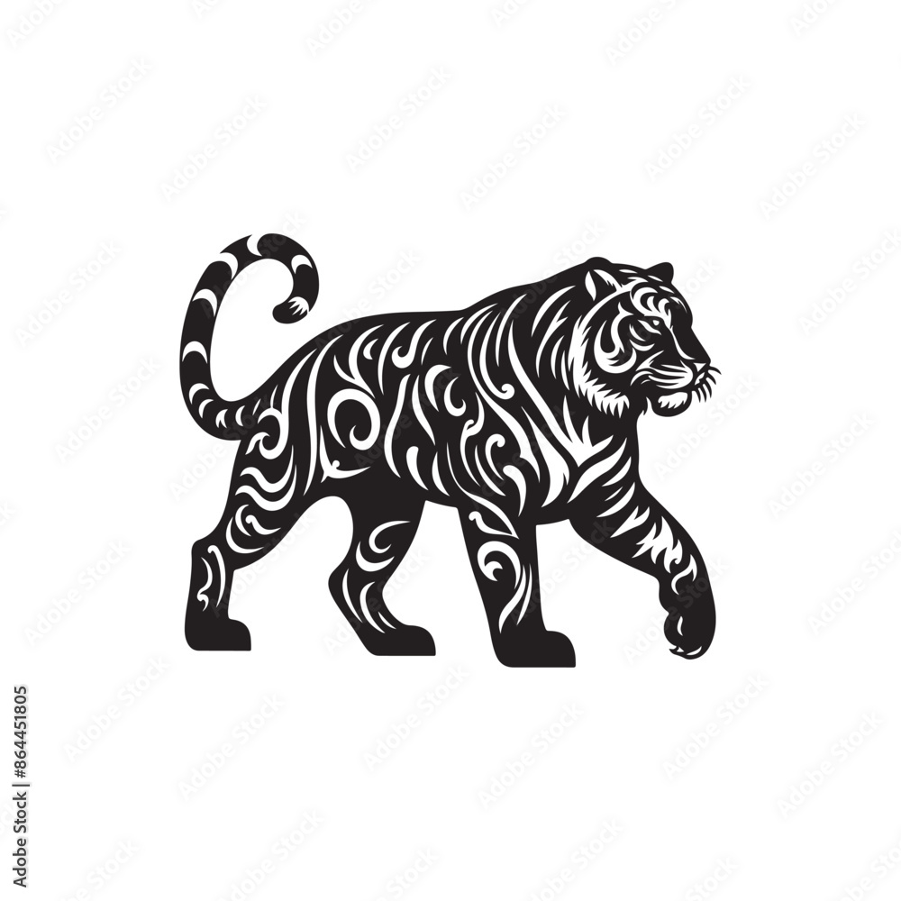 Obraz premium Hand Drawn Tiger Silhouette Isolated On White Background. Vector Illustration In Flat Style.