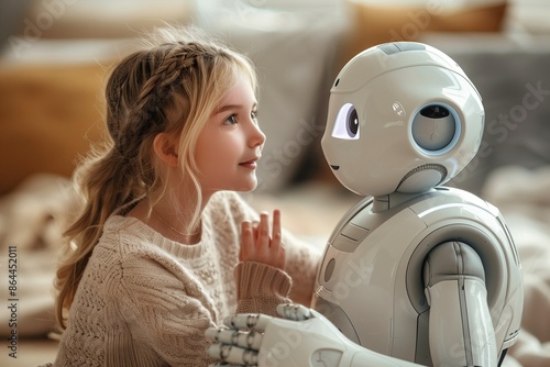 A cute girl is playing with a robot in future concept