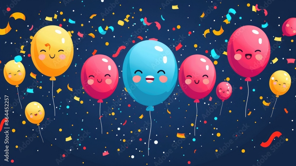 Colorful balloons with cheerful faces floating among vibrant confetti against a dark background, depicting a joyful celebration.
Colorful balloons with cheerful faces floating among vibrant confetti against a dark background, depicting a joyful celebration.