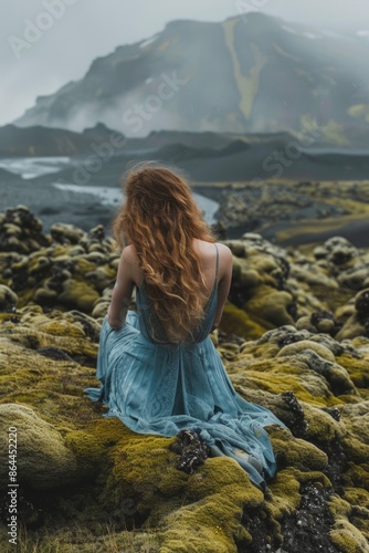 Wallpaper Mural A woman sits on a moss-covered hill wearing a blue dress, perfect for outdoor or nature-themed photoshoots Torontodigital.ca