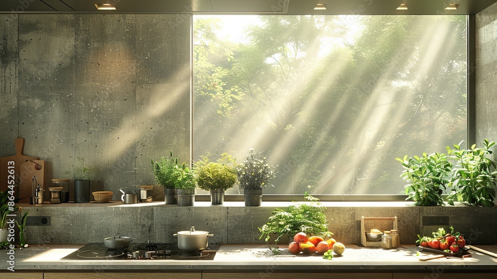 Sunlit modern kitchen with large window, concrete walls, and fresh herbs and vegetables on the counter, showcasing a natural, serene interior design.sunlit kitchen Sunlit modern kitchen with large window, concrete walls, and fresh herbs and vegetables on the counter, showcasing a natural, serene interior design.sunlit kitchen