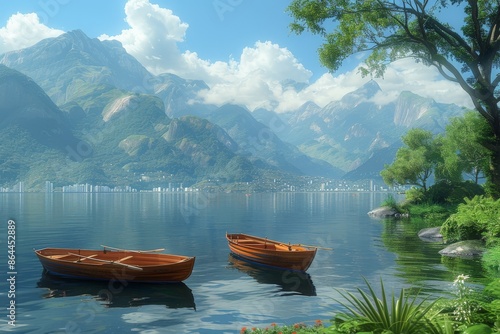Idyllic Mountain Lake Scene with Two Wooden Rowboats Floating on Tranquil Water, Surrounded by Lush Greenery and Snow-Capped Peaks Against a Bright Blue SkyIdyllic