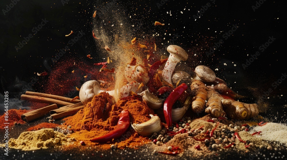 Naklejka premium A variety of spices displayed on a table with a rustic or vintage feel